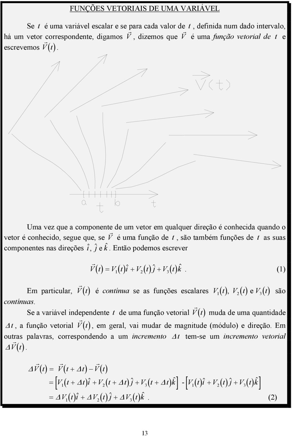 i$, $ j e k$ Então podemos esceve Vt V ti$ V tj $ V tk$ (1) () = ( ) + ( ) + ( ) 1 2 3 Em paticula, Vt () é contínua se as funções escalaes V ( t) V ( t) V ( t), e são 1 2 3 contínuas Se a vaiável