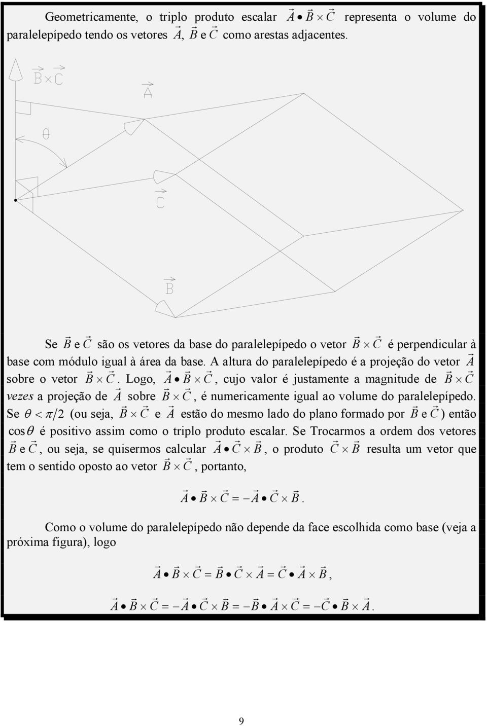 numeicamente igual ao volume do paalelepípedo Se θ < π 2 (ou seja, B C e A estão do mesmo lado do plano fomado po B e C ) então cosθ é positivo assim como o tiplo poduto escala Se Tocamos a odem dos