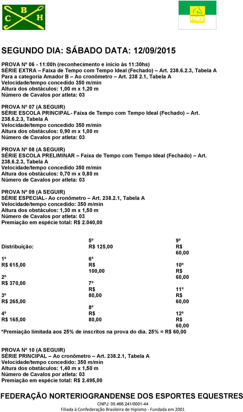 238.6.2.3, Tabela A Velocidade/tempo concedido 350 m/min Altura dos obstáculos: 0,70 m x 0,80 m PROVA Nº 09 (A SEGUIR) SÉRIE ESPECIAL- Ao cronômetro Art. 238.2.1, Tabela A Velocidade/tempo concedido: 350 m/min Altura dos obstáculos: 1,30 m x 1,50 m Premiação em espécie total: 2.