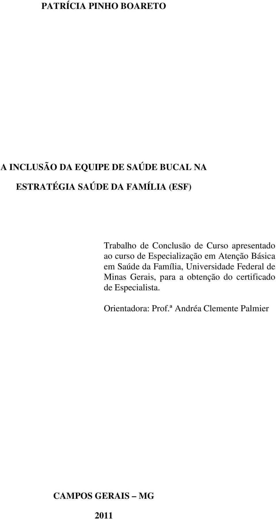 Atenção Básica em Saúde da Família, Universidade Federal de Minas Gerais, para a obtenção