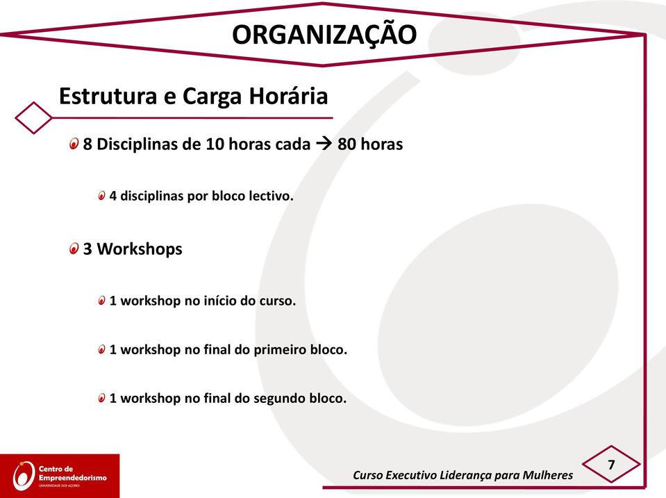 3 Workshops 1 workshop no início do curso.