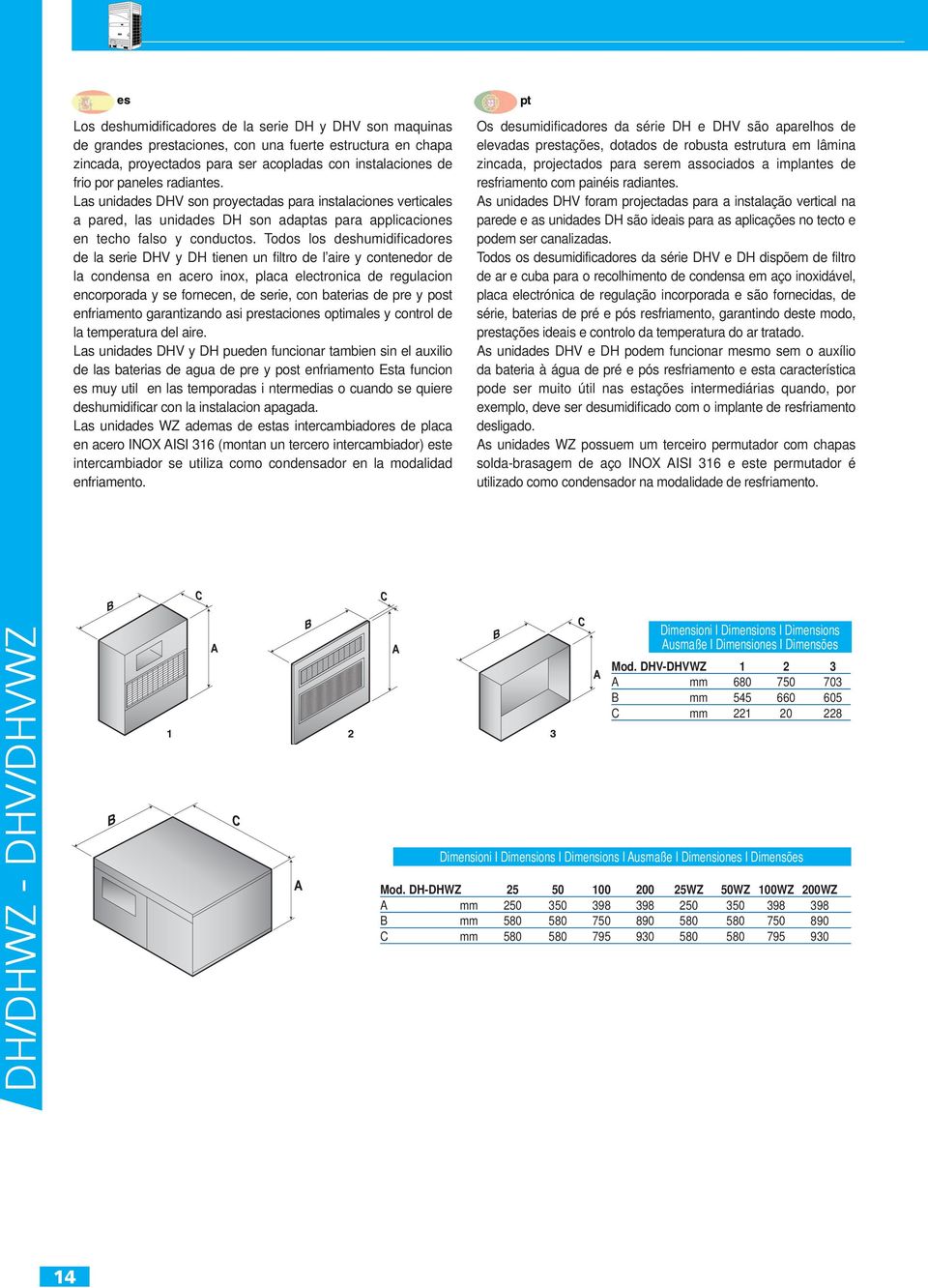 Todos los deshumidificadores de la serie DHV y DH tienen un filtro de l aire y contenedor de la condensa en acero inox, placa electronica de regulacion encorporada y se fornecen, de serie, con