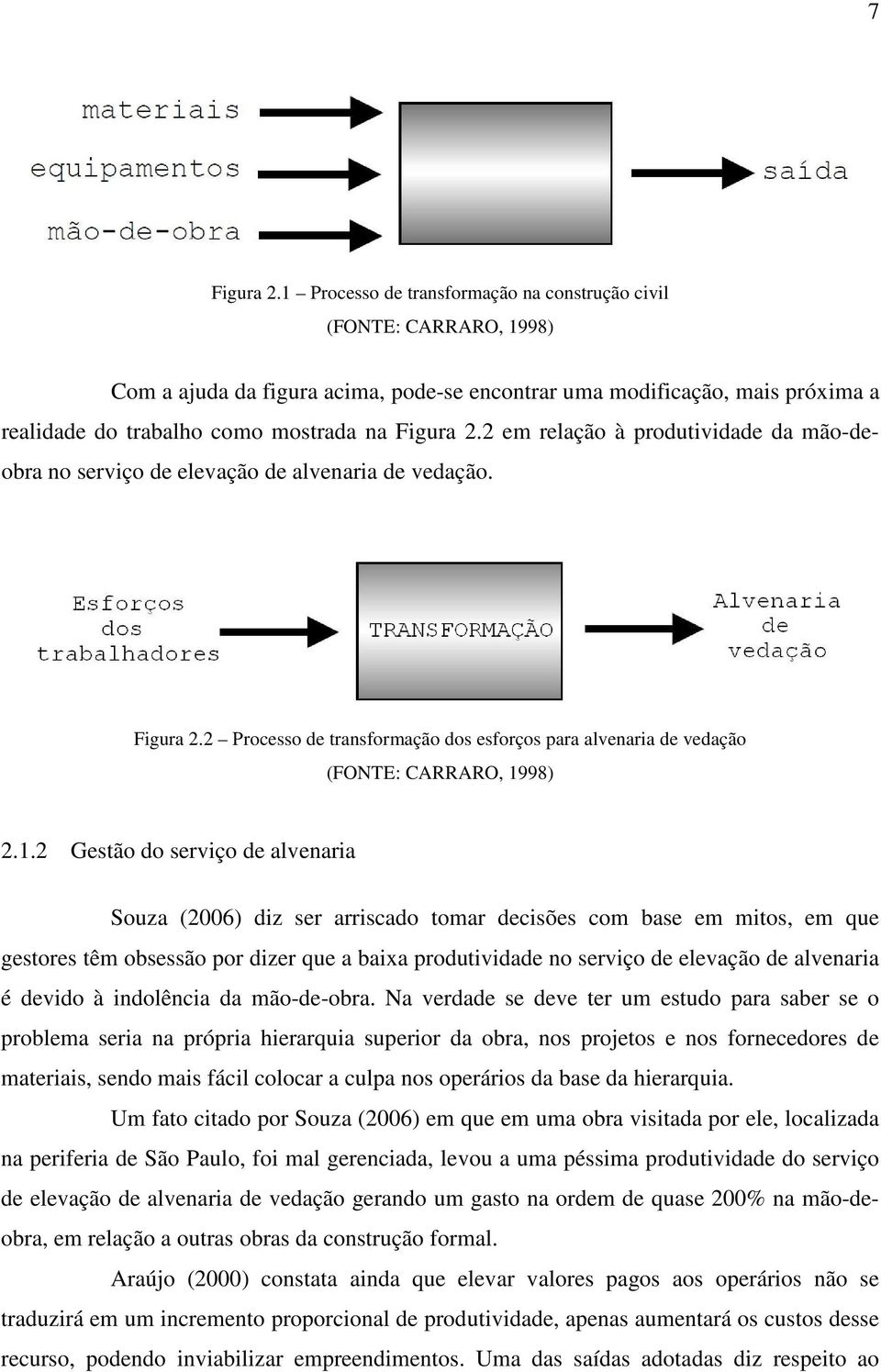 2 em relação à produtividade da mão-deobra no serviço de elevação de alvenaria de vedação. Figura 2.2 Processo de transformação dos esforços para alvenaria de vedação (FONTE: CARRARO, 19