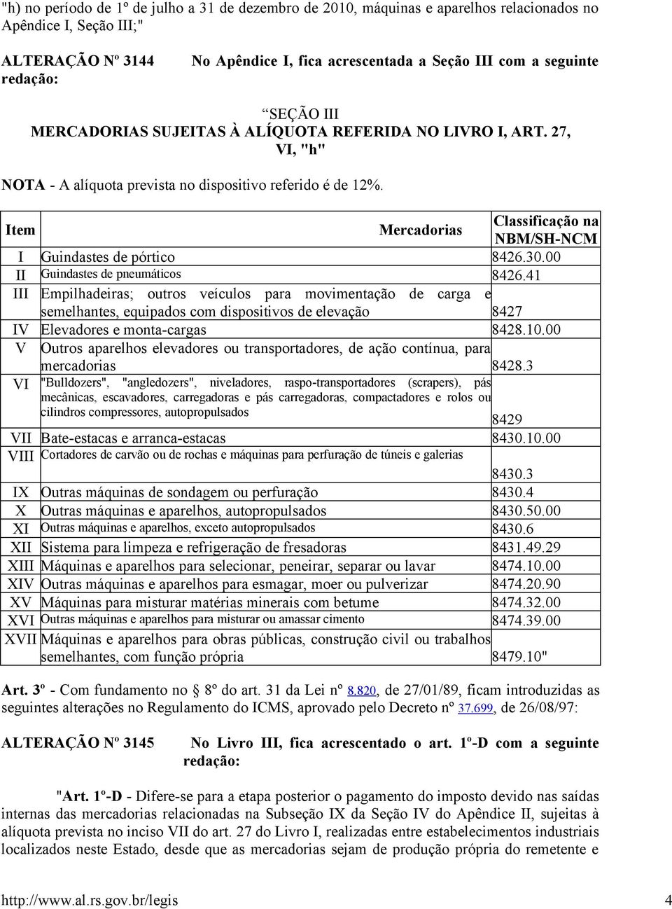 Item Mercadorias Classificação na NBM/SH-NCM I Guindastes de pórtico 8426.30.00 II Guindastes de pneumáticos 8426.