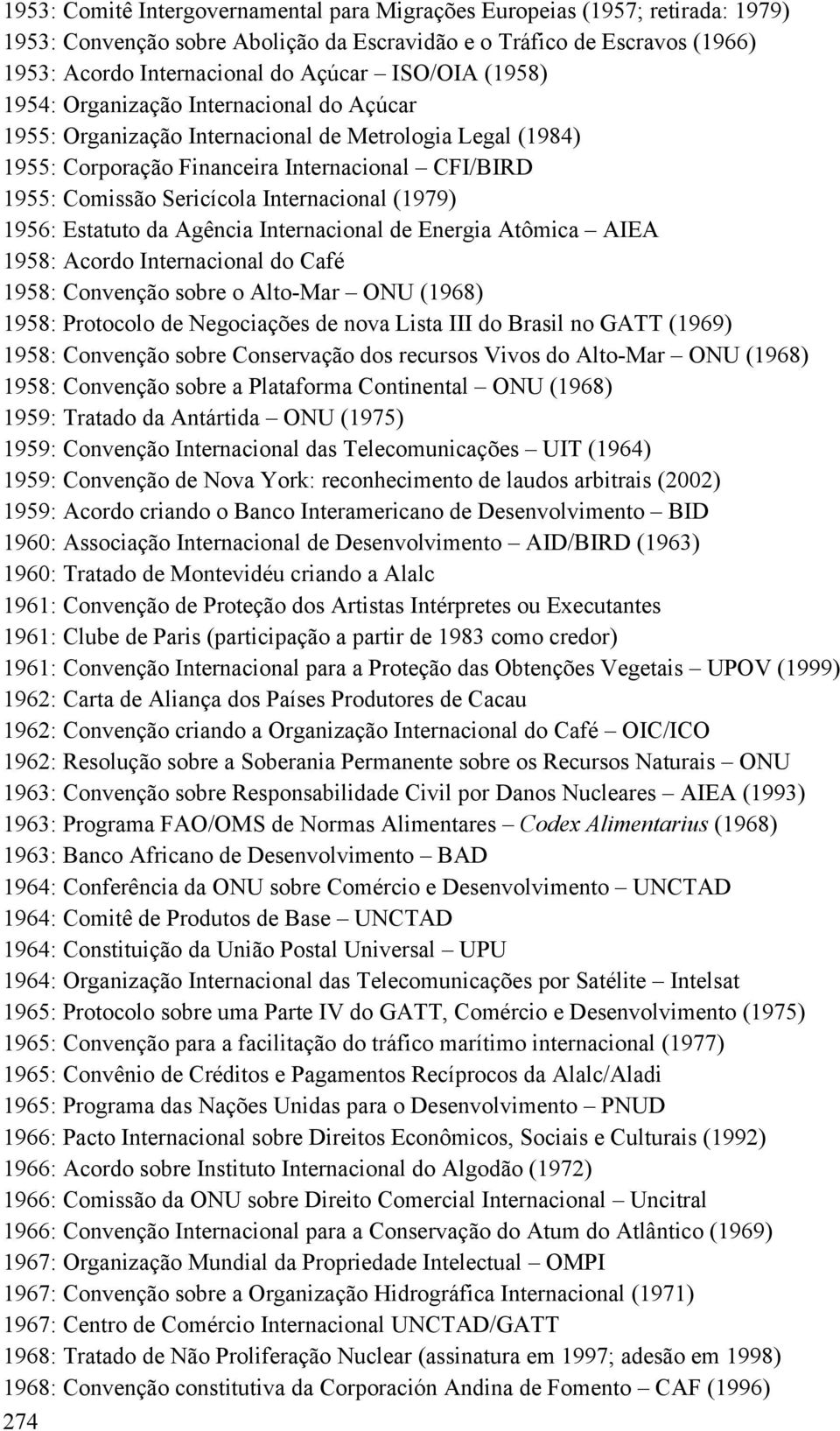 Internacional (1979) 1956: Estatuto da Agência Internacional de Energia Atômica AIEA 1958: Acordo Internacional do Café 1958: Convenção sobre o Alto-Mar ONU (1968) 1958: Protocolo de Negociações de