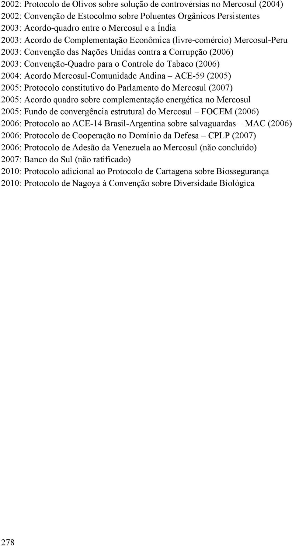 Mercosul-Comunidade Andina ACE-59 (2005) 2005: Protocolo constitutivo do Parlamento do Mercosul (2007) 2005: Acordo quadro sobre complementação energética no Mercosul 2005: Fundo de convergência