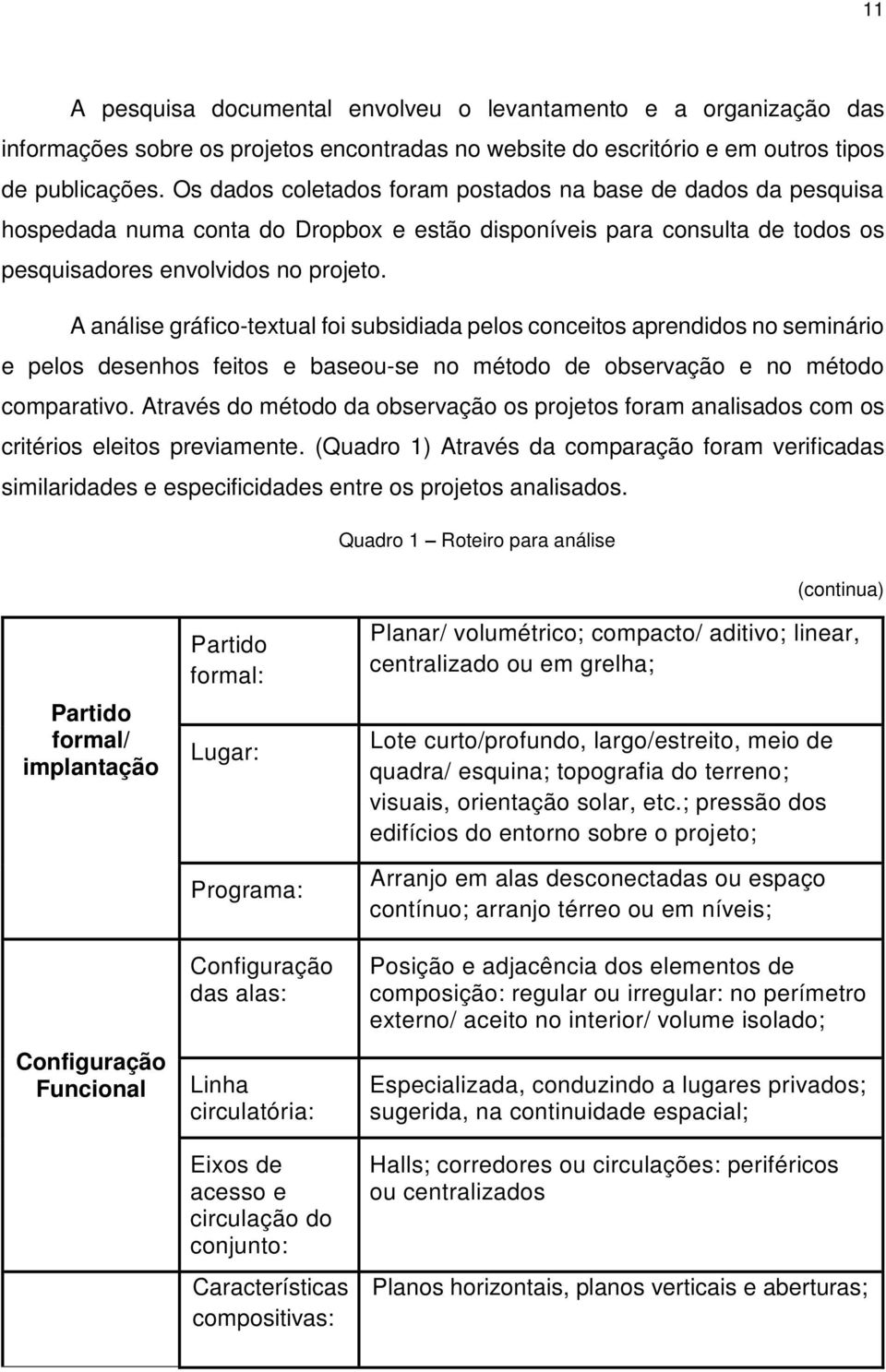 A análise gráfico-textual foi subsidiada pelos conceitos aprendidos no seminário e pelos desenhos feitos e baseou-se no método de observação e no método comparativo.