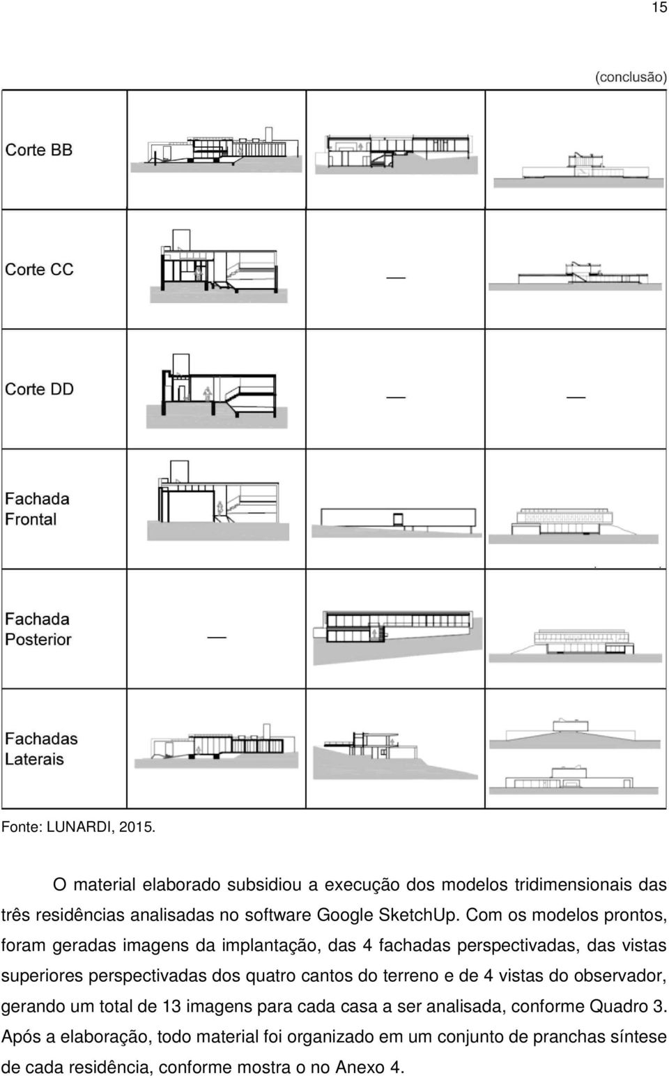 Com os modelos prontos, foram geradas imagens da implantação, das 4 fachadas perspectivadas, das vistas superiores perspectivadas dos