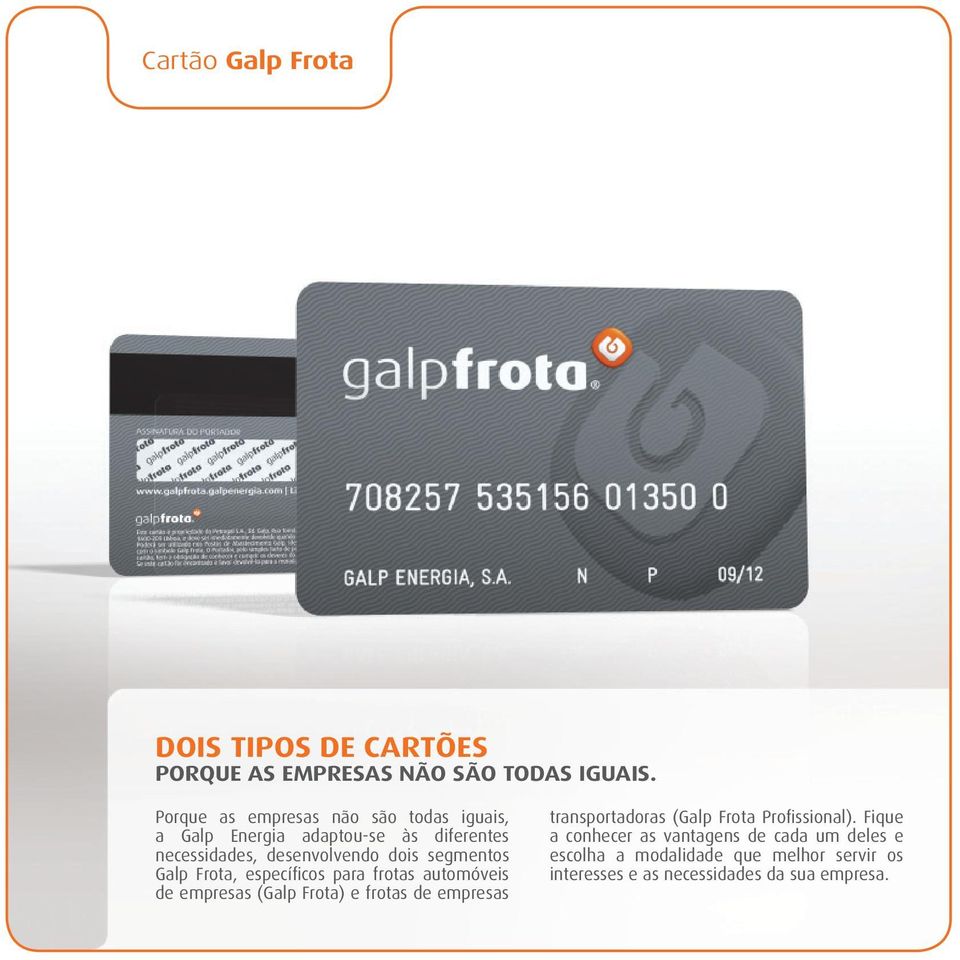 segmentos Galp Frota, específicos para frotas automóveis de empresas (Galp Frota) e frotas de empresas transportadoras