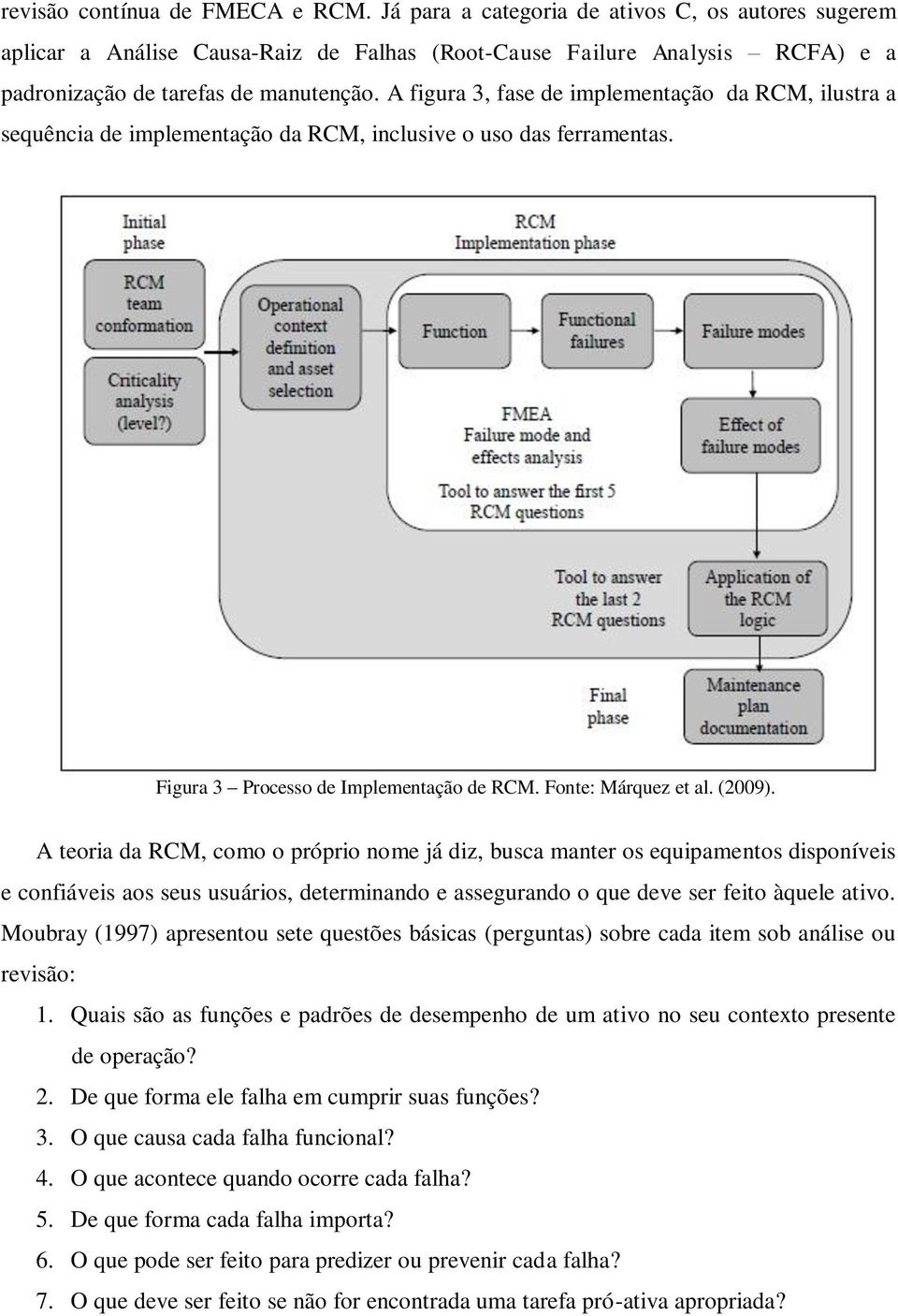 A figura 3, fase de implementação da RCM, ilustra a sequência de implementação da RCM, inclusive o uso das ferramentas. Figura 3 Processo de Implementação de RCM. Fonte: Márquez et al. (2009).