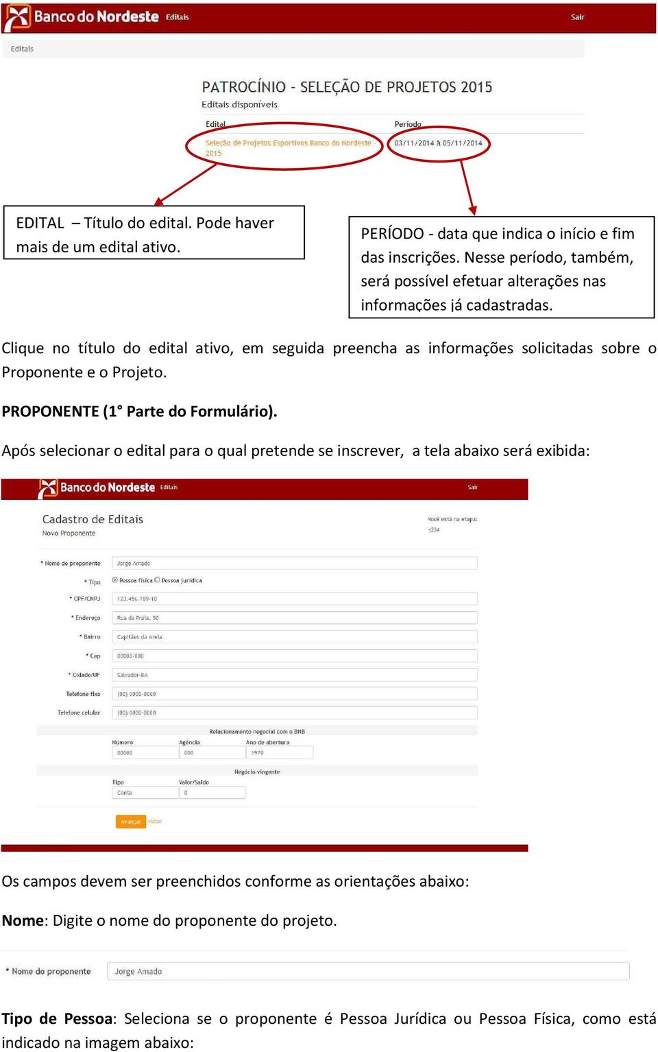 Clique no título do edital ativo, em seguida preencha as informações solicitadas sobre o Proponente e o Projeto. PROPONENTE (1 Parte do Formulário).