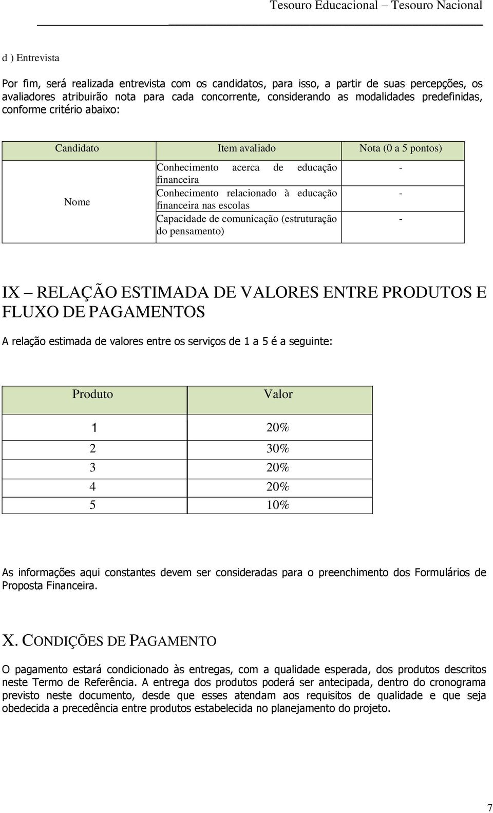 Capacidade de comunicação (estruturação do pensamento) - - - IX RELAÇÃO ESTIMADA DE VALORES ENTRE PRODUTOS E FLUXO DE PAGAMENTOS A relação estimada de valores entre os serviços de 1 a 5 é a seguinte: