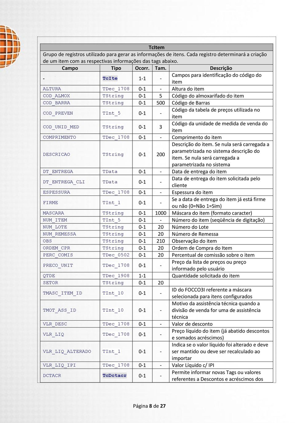 Barras COD_PREVEN TInt_5 0-1 - COD_UNID_MED TString 0-1 3 Código da tabela de preços utilizada no item Código da unidade de medida de venda do item COMPRIMENTO TDec_1708 0-1 - Comprimento do item