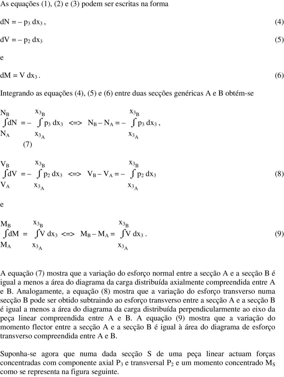 (9) M equação (7) mostra que a variação do esforço normal entre a secção e a secção é igual a menos a área do diagrama da carga distribuída axialmente compreendida entre e.