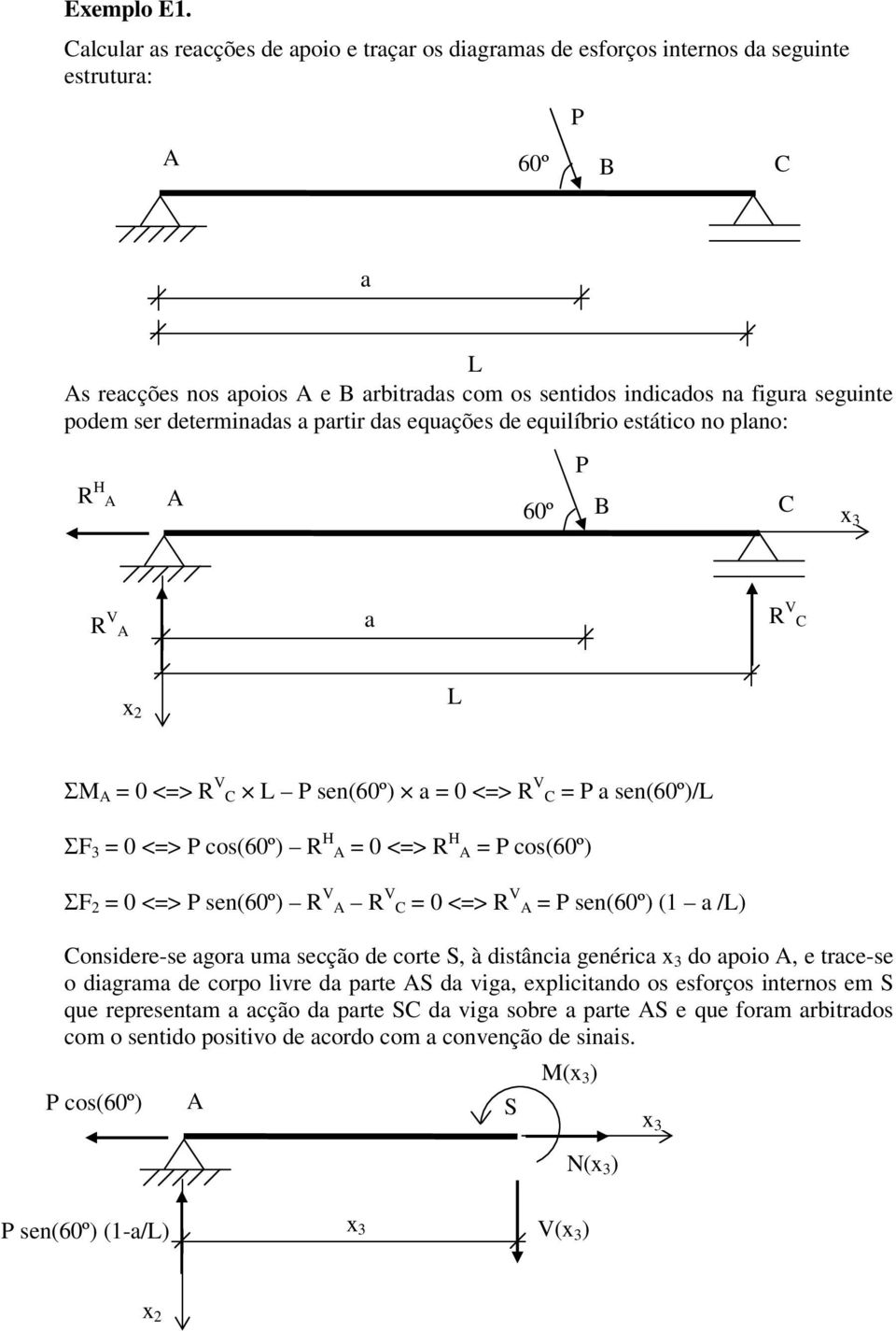 determinadas a partir das equações de equilíbrio estático no plano: R H 60º P R V a R V ΣM = 0 <=> R V P sen(60º) a = 0 <=> R V = P a sen(60º)/ ΣF 3 = 0 <=> P cos(60º) R H = 0 <=> R H = P cos(60º) ΣF