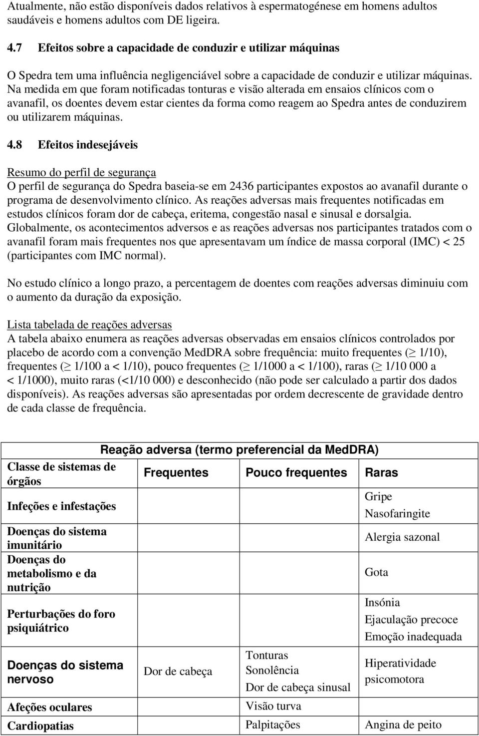 Na medida em que foram notificadas tonturas e visão alterada em ensaios clínicos com o avanafil, os doentes devem estar cientes da forma como reagem ao Spedra antes de conduzirem ou utilizarem