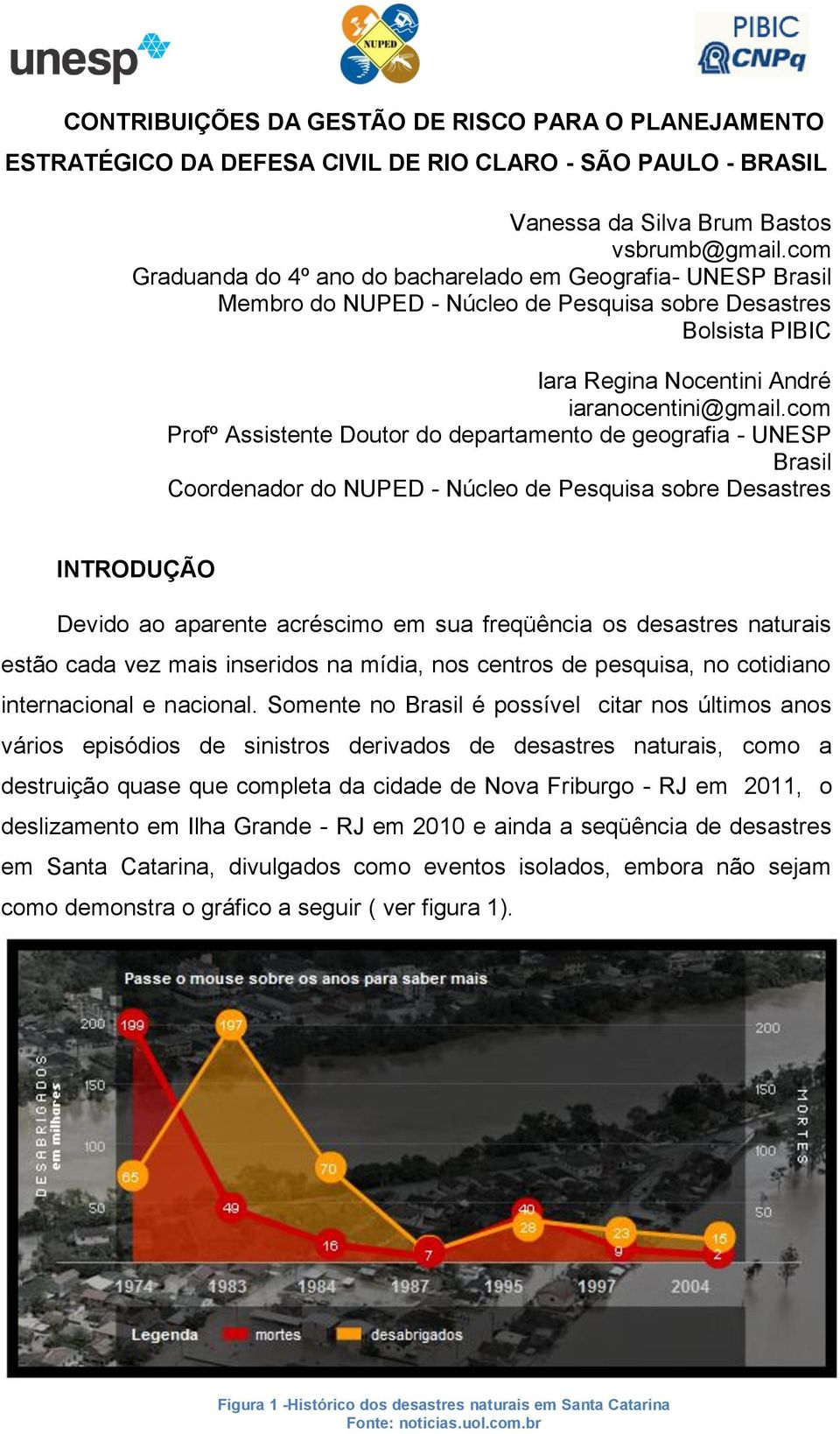 com Profº Assistente Doutor do departamento de geografia - UNESP Brasil Coordenador do NUPED - Núcleo de Pesquisa sobre Desastres INTRODUÇÃO Devido ao aparente acréscimo em sua freqüência os