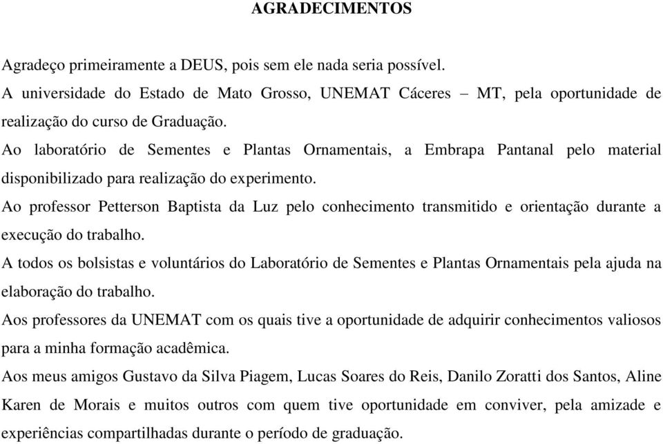 Ao professor Petterson Baptista da Luz pelo conhecimento transmitido e orientação durante a execução do trabalho.