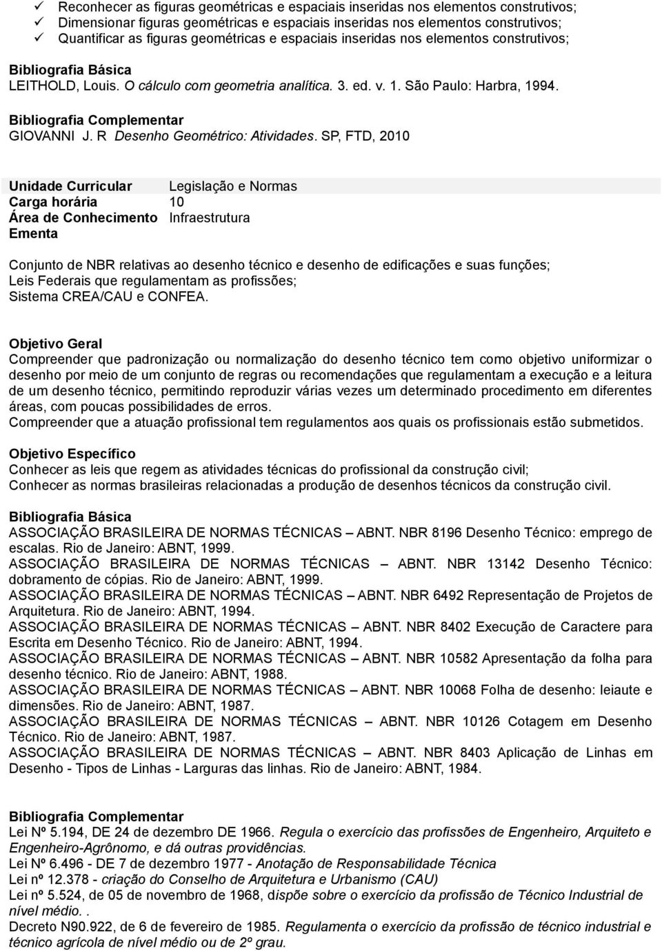 SP, FTD, 2010 Unidade Curricular Legislação e Normas Carga horária 10 Conjunto de NBR relativas ao desenho técnico e desenho de edificações e suas funções; Leis Federais que regulamentam as