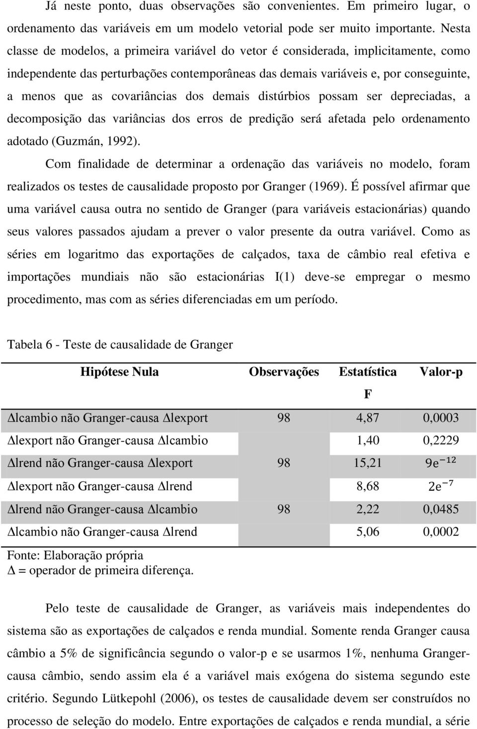 covariâncias dos demais distúrbios possam ser depreciadas, a decomposição das variâncias dos erros de predição será afetada pelo ordenamento adotado (Guzmán, 1992).
