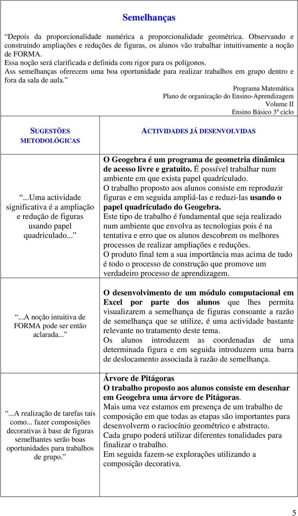 Programa Matemática Plano de organização do Ensino-Aprendizagem Volume II Ensino Básico 3º ciclo SUGESTÕES METODOLÓGICAS ACTIVIDADES JÁ DESENVOLVIDAS.