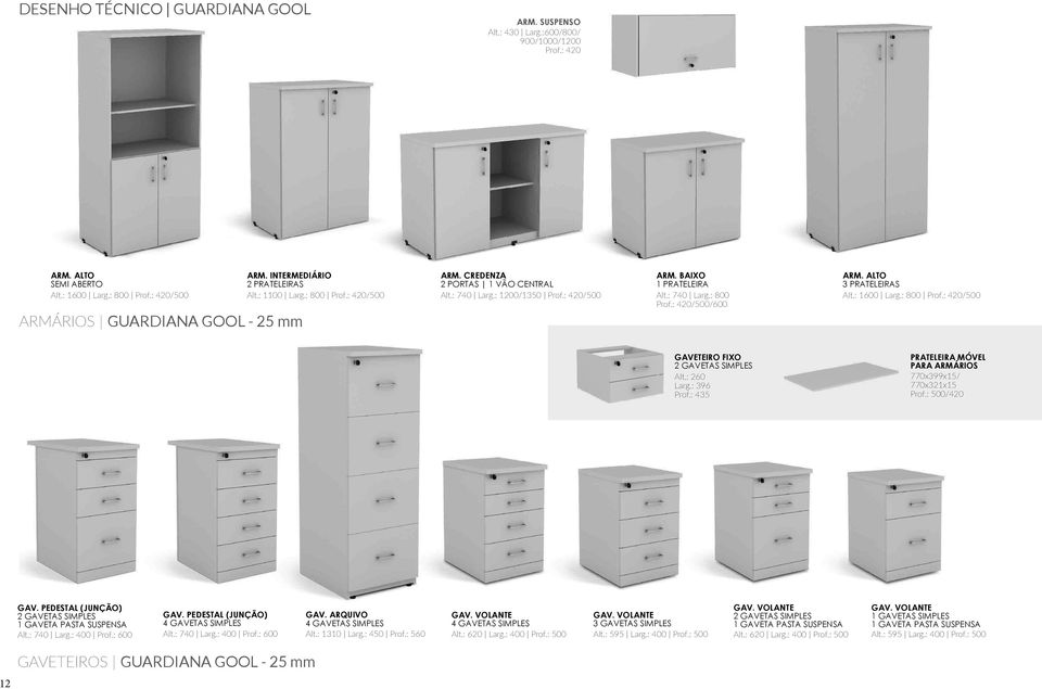 ALTO 3 PRATELEIRAS Alt.: 1600 Larg.: 800 Prof.: 420/500 GAVETEIRO FIXO 2 GAVETAS SIMPLES Alt.: 260 Larg.: 396 Prof.: 435 Prateleira Móvel para armários 770x399x15/ 770x321x15 Prof.: 500/420 GAV.