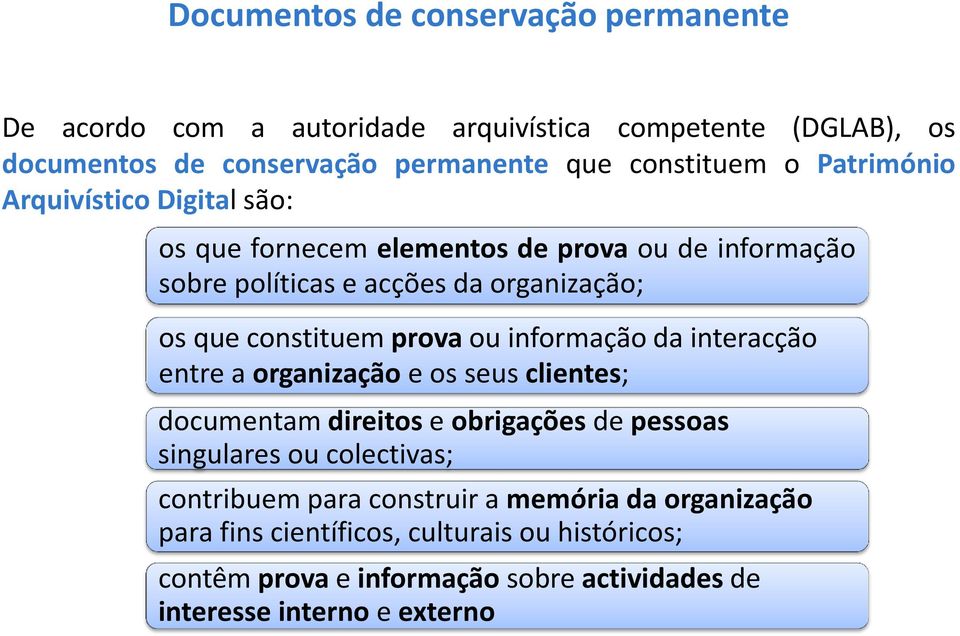 ou informação da interacção entre a organização e os seus clientes; documentam direitos e obrigações de pessoas singulares ou colectivas; contribuem para