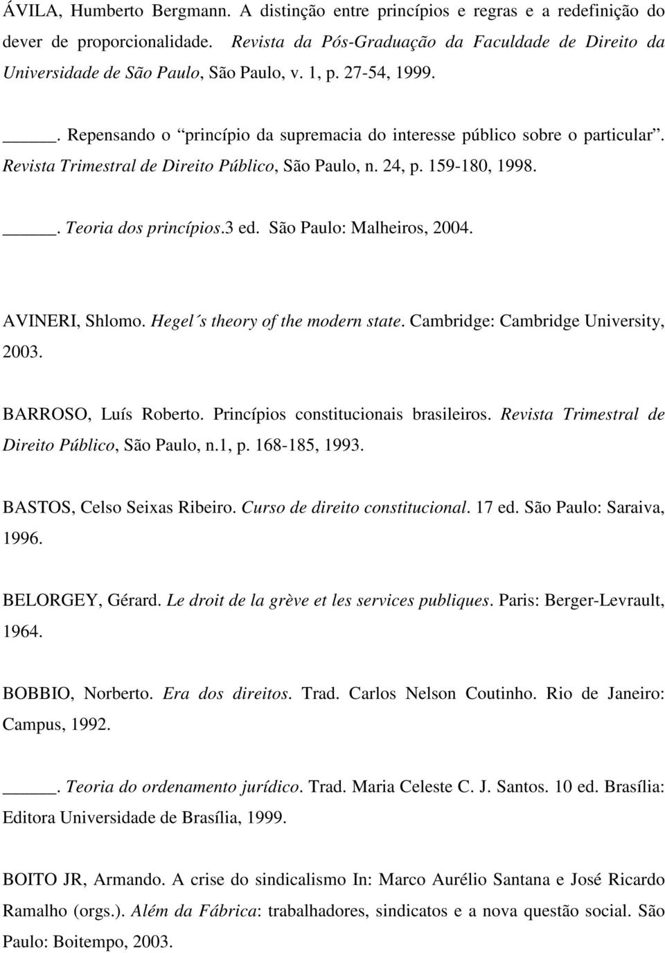 Revista Trimestral de Direito Público, São Paulo, n. 24, p. 159-180, 1998.. Teoria dos princípios.3 ed. São Paulo: Malheiros, 2004. AVINERI, Shlomo. Hegel s theory of the modern state.