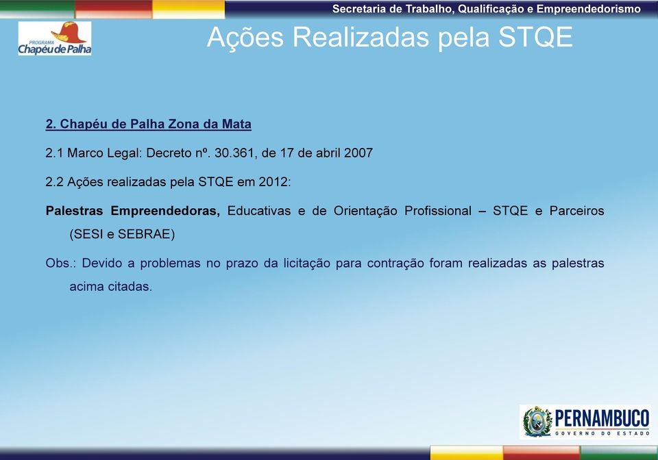 2 Ações realizadas pela STQE em 2012: Palestras Empreendedoras, Educativas e de Orientação