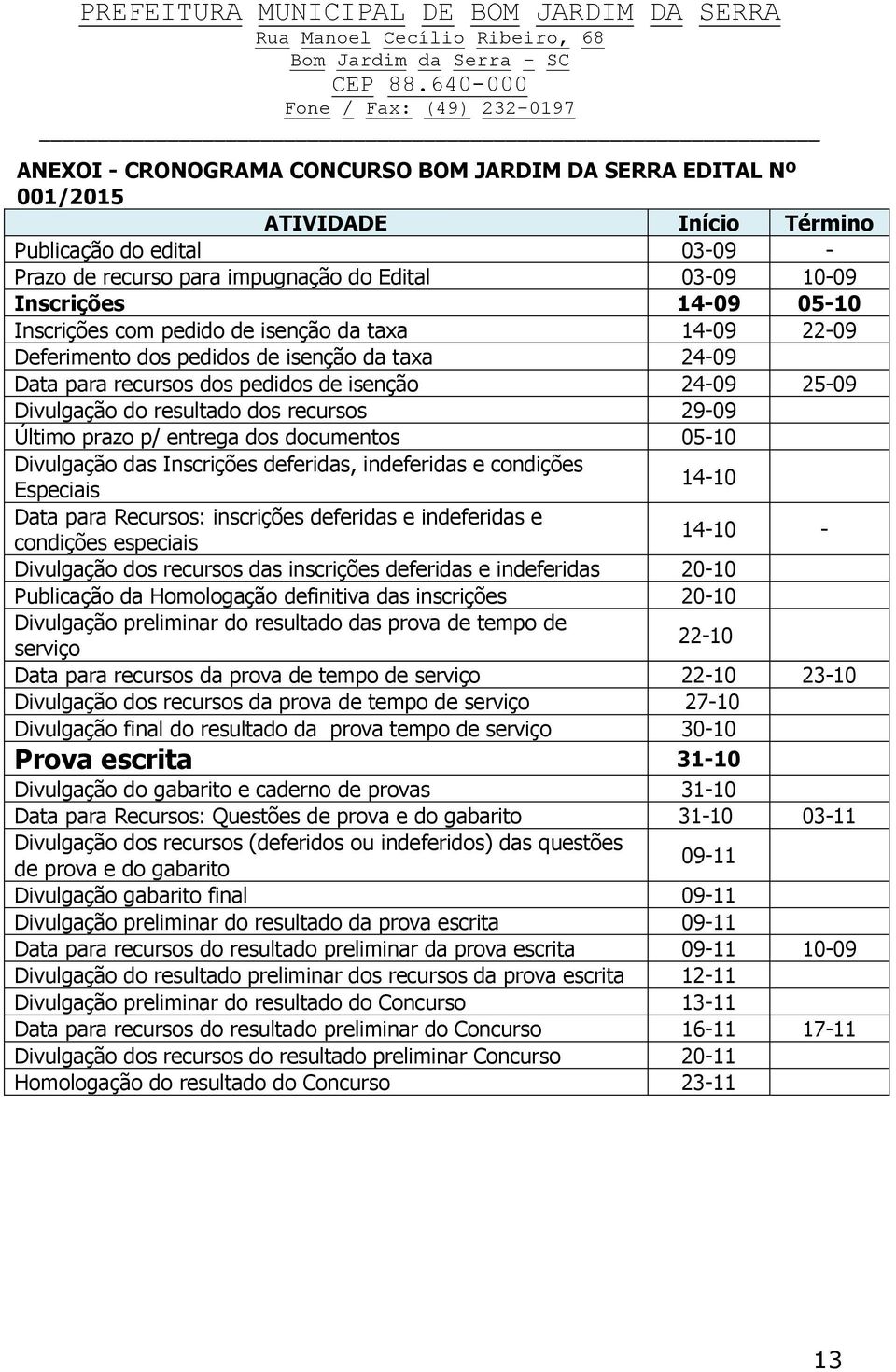 Último prazo p/ entrega dos documentos 05-10 Divulgação das Inscrições deferidas, indeferidas e condições Especiais 14-10 Data para Recursos: inscrições deferidas e indeferidas e condições especiais