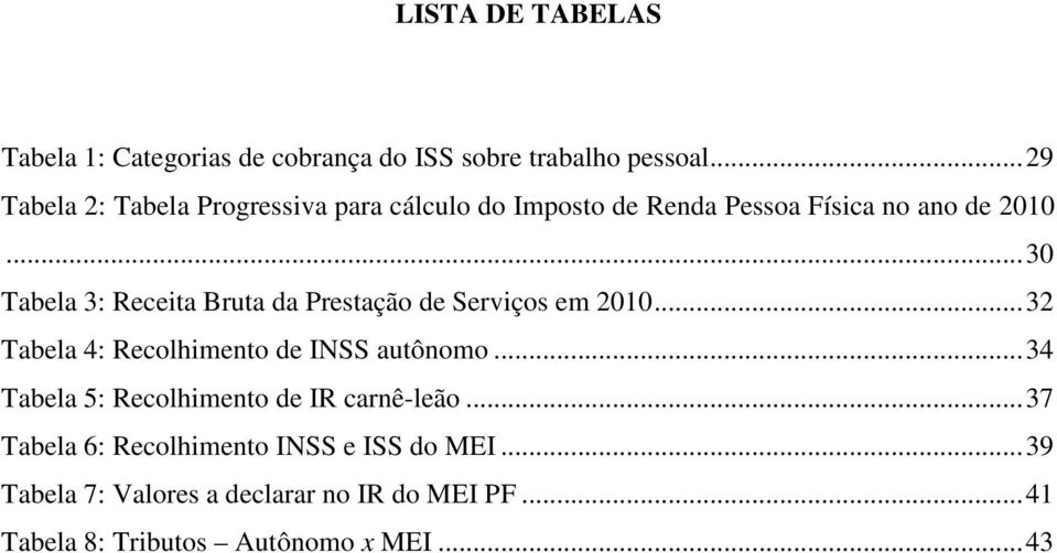 .. 30 Tabela 3: Receita Bruta da Prestação de Serviços em 2010... 32 Tabela 4: Recolhimento de INSS autônomo.