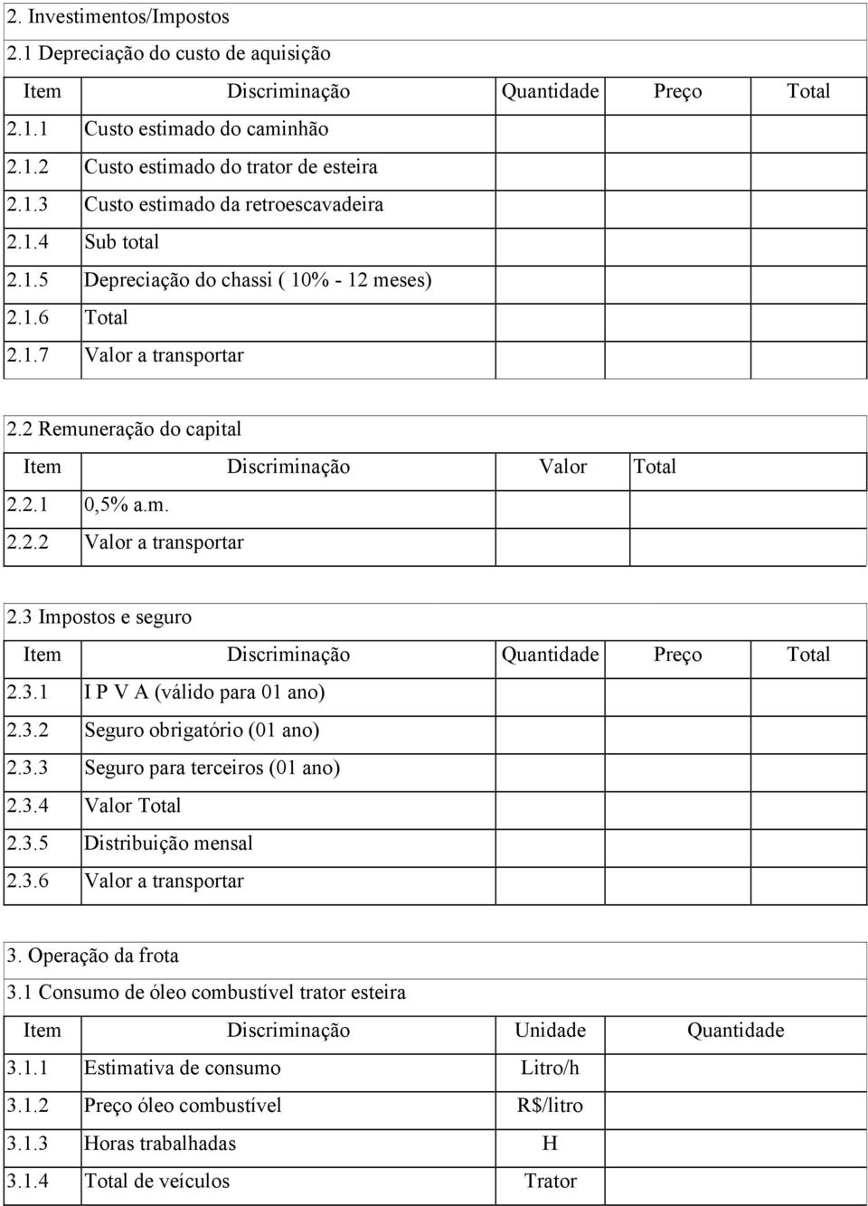 3 Impostos e seguro Item Discriminação Quantidade Preço Total 2.3.1 I P V A (válido para 01 ano) 2.3.2 Seguro obrigatório (01 ano) 2.3.3 Seguro para terceiros (01 ano) 2.3.4 Valor Total 2.3.5 Distribuição mensal 2.