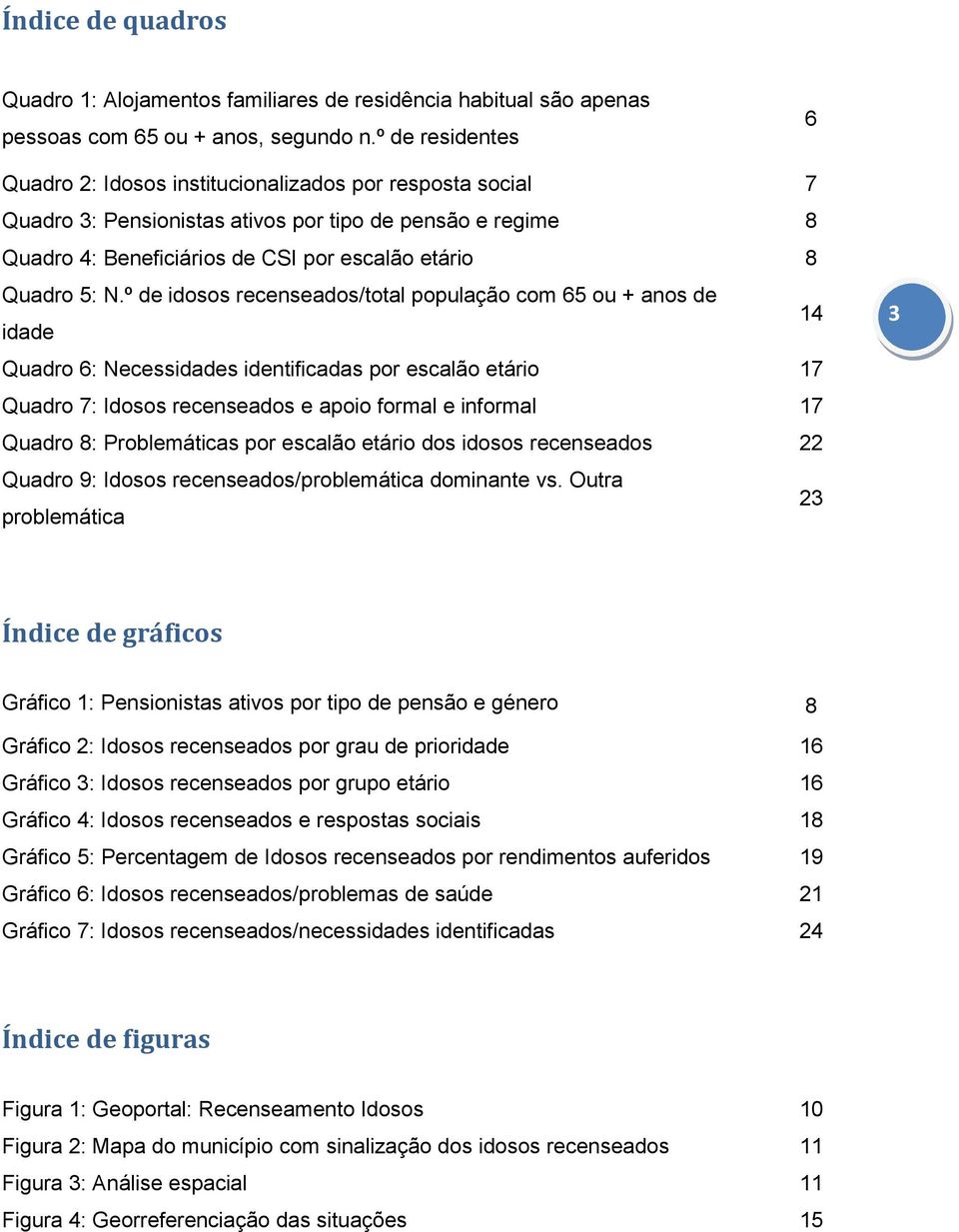 N.º de idosos recenseados/total população com 65 ou + anos de idade 14 Quadro 6: Necessidades identificadas por escalão etário 17 Quadro 7: Idosos recenseados e apoio formal e informal 17 Quadro 8: