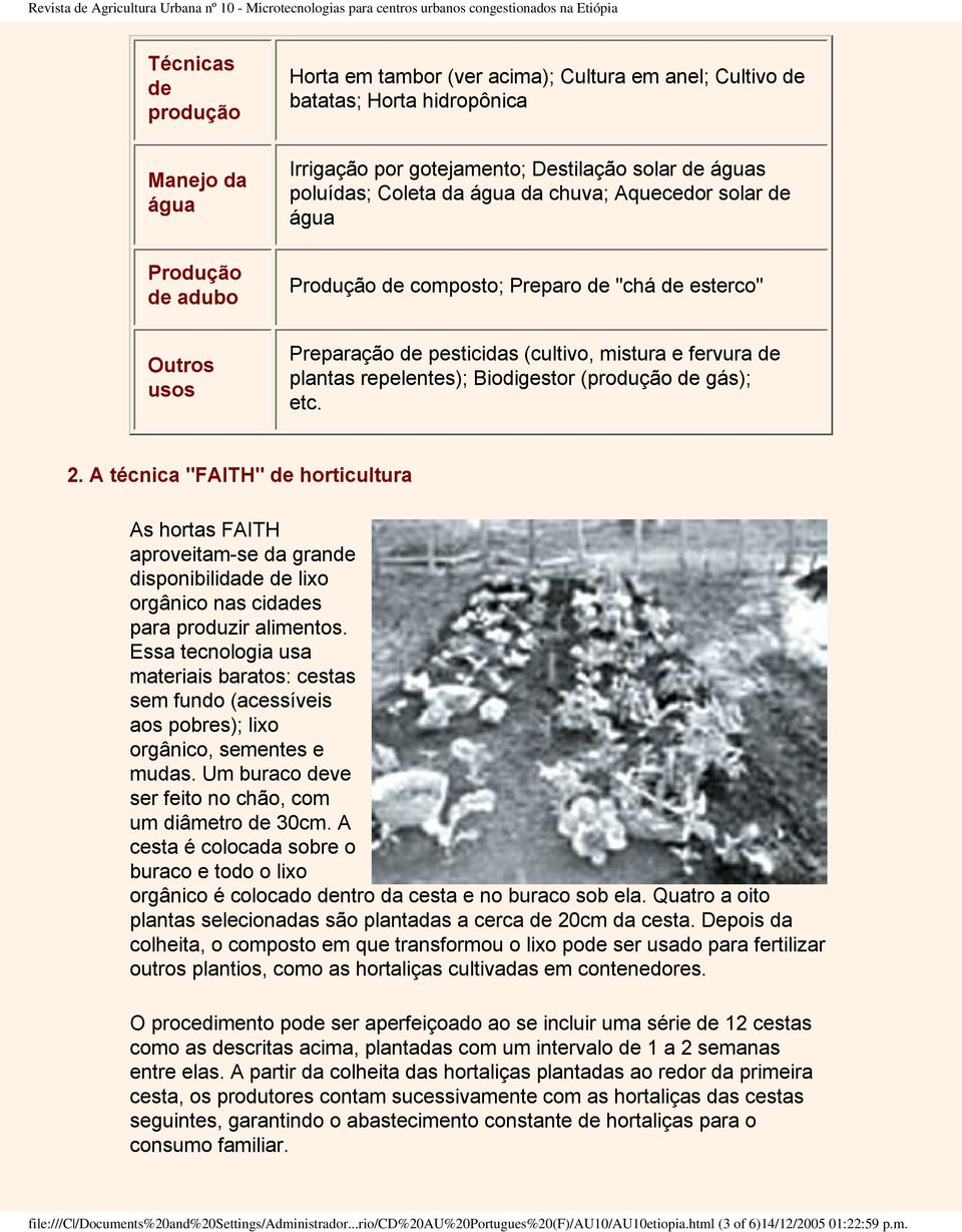 Biodigestor (produção de gás); etc. 2. A técnica "FAITH" de horticultura As hortas FAITH aproveitam-se da grande disponibilidade de lixo orgânico nas cidades para produzir alimentos.