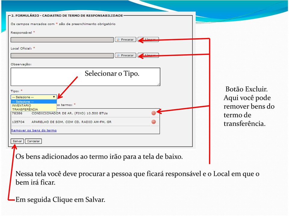 Os bens adicionados ao termo irão para a tela de baixo.