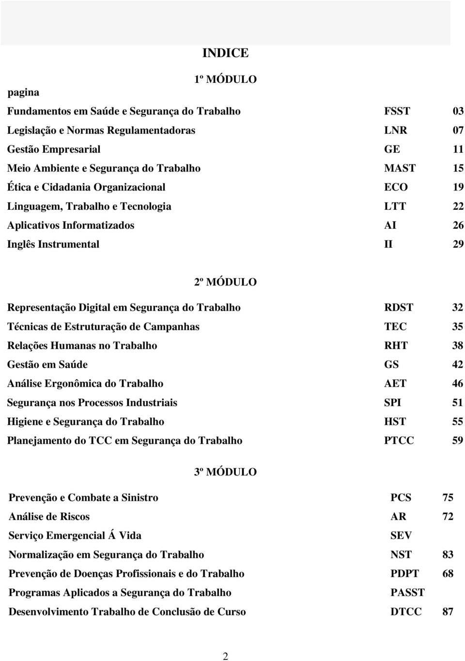 Técnicas de Estruturação de Campanhas TEC 35 Relações Humanas no Trabalho RHT 38 Gestão em Saúde GS 42 Análise Ergonômica do Trabalho AET 46 Segurança nos Processos Industriais SPI 51 Higiene e