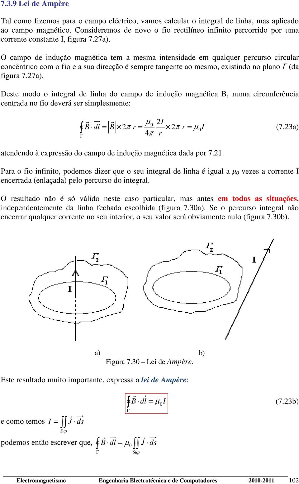 O campo de indução magnética tem a mesma intensidade em qualque pecuso cicula concêntico com o fio e a sua diecção é sempe tangente ao mesmo, existindo no plano Γ (da figua 7.7a).