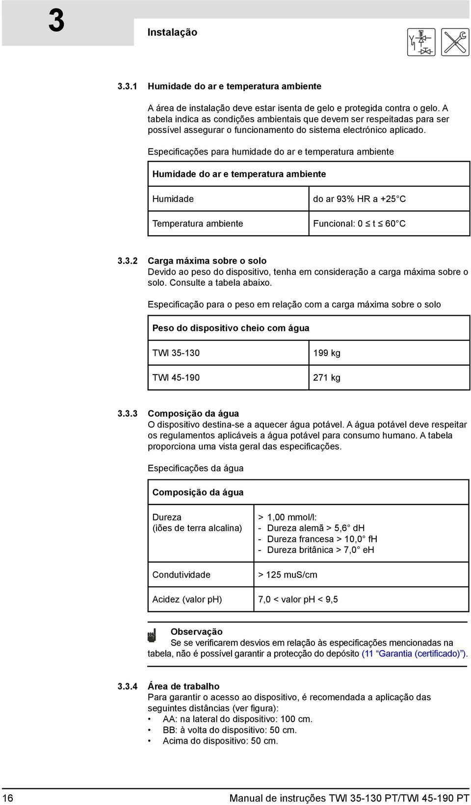 Especificações para humidade do ar e temperatura ambiente Humidade do ar e temperatura ambiente Humidade do ar 93%