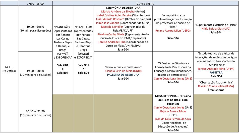 19:00 19:40 (10 min para discussõs) 19:50 20:30 (10 min para discussõs) [Aprsntados por Rnato Hnriqu EXPOFÍSICA" [Aprsntados por Rnato Hnriqu EXPOFÍSICA" "Física, o qu é ond viv?