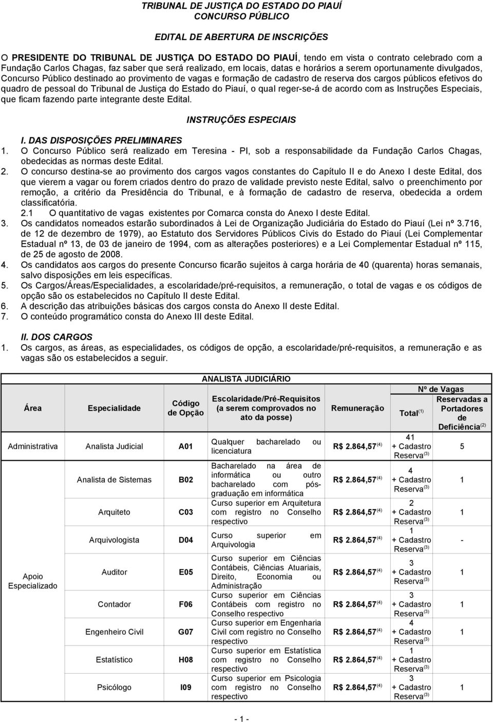 cargos públicos efetivos do quadro de pessoal do Tribunal de Justiça do Estado do Piauí, o qual reger-se-á de acordo com as Instruções Especiais, que ficam fazendo parte integrante deste Edital.