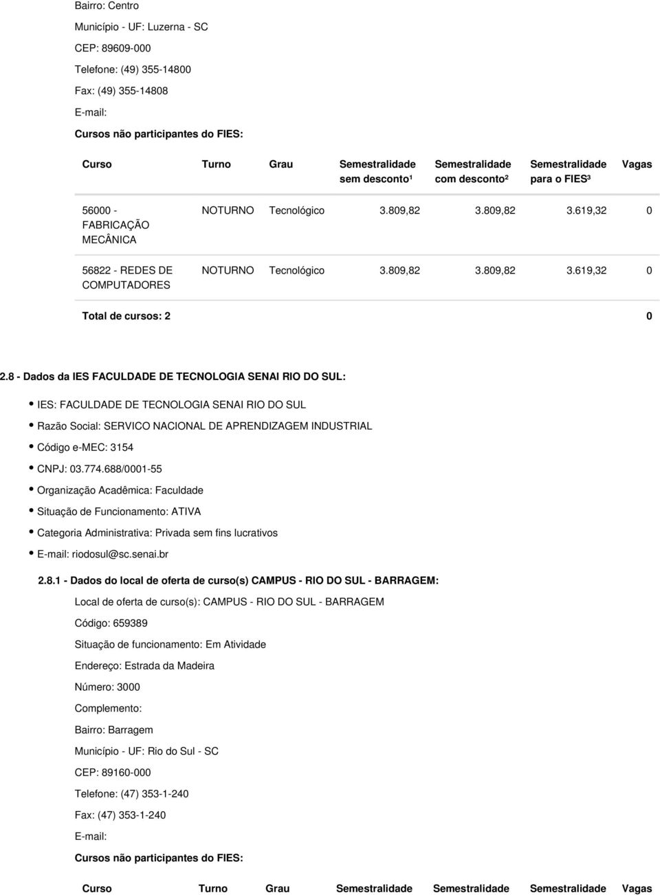 8 - Dados da IES FACULDADE DE TECNOLOGIA SENAI RIO DO SUL: IES: FACULDADE DE TECNOLOGIA SENAI RIO DO SUL Código e-mec: 3154 E-mail: riodosul@sc.senai.br 2.8.1 - Dados do local de oferta de curso(s)