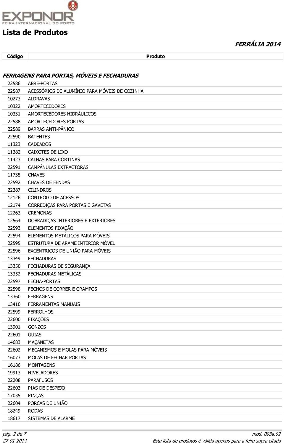 CONTROLO DE ACESSOS 12174 CORREDIÇAS PARA PORTAS E GAVETAS 12263 CREMONAS 12564 DOBRADIÇAS INTERIORES E EXTERIORES 22593 ELEMENTOS FIXAÇÃO 22594 ELEMENTOS METÁLICOS PARA MÓVEIS 22595 ESTRUTURA DE