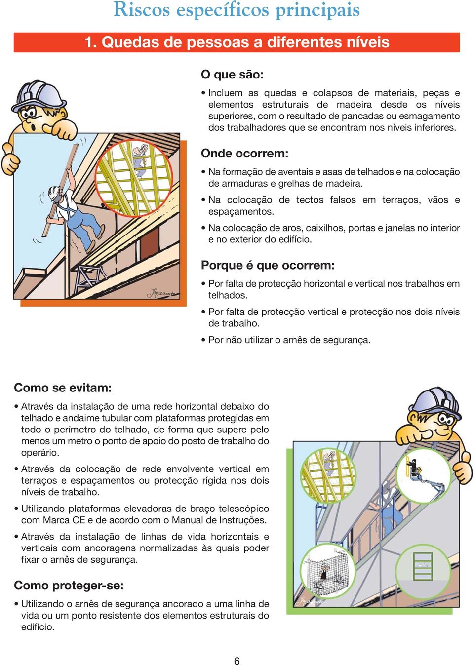 esmagamento dos trabalhadores que se encontram nos níveis inferiores. Onde ocorrem: Na formação de aventais e asas de telhados e na colocação de armaduras e grelhas de madeira.