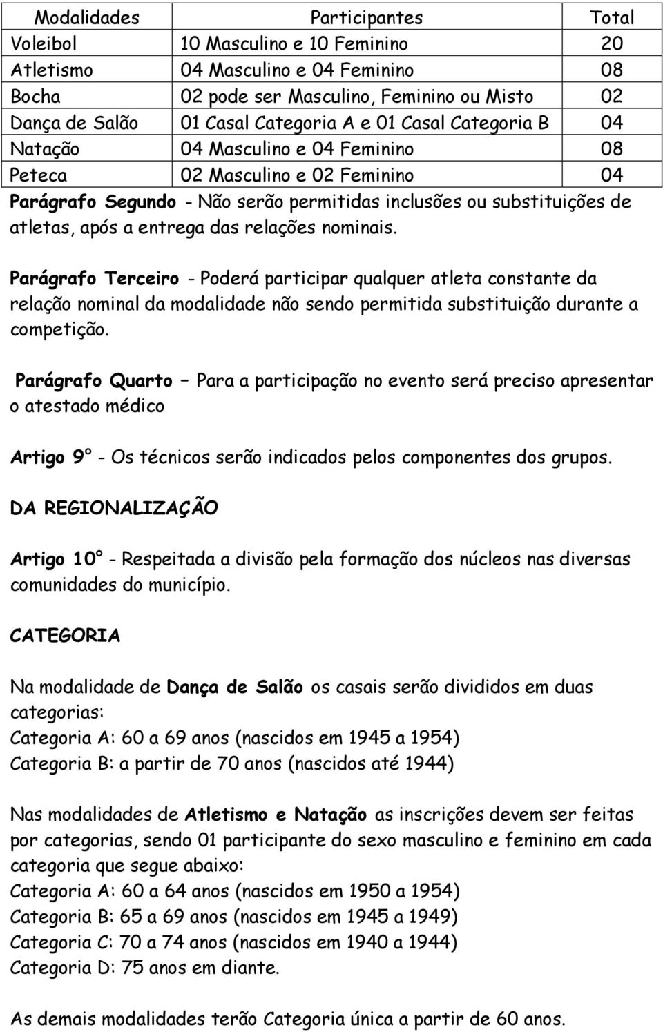 relações nominais. Parágrafo Terceiro - Poderá participar qualquer atleta constante da relação nominal da modalidade não sendo permitida substituição durante a competição.