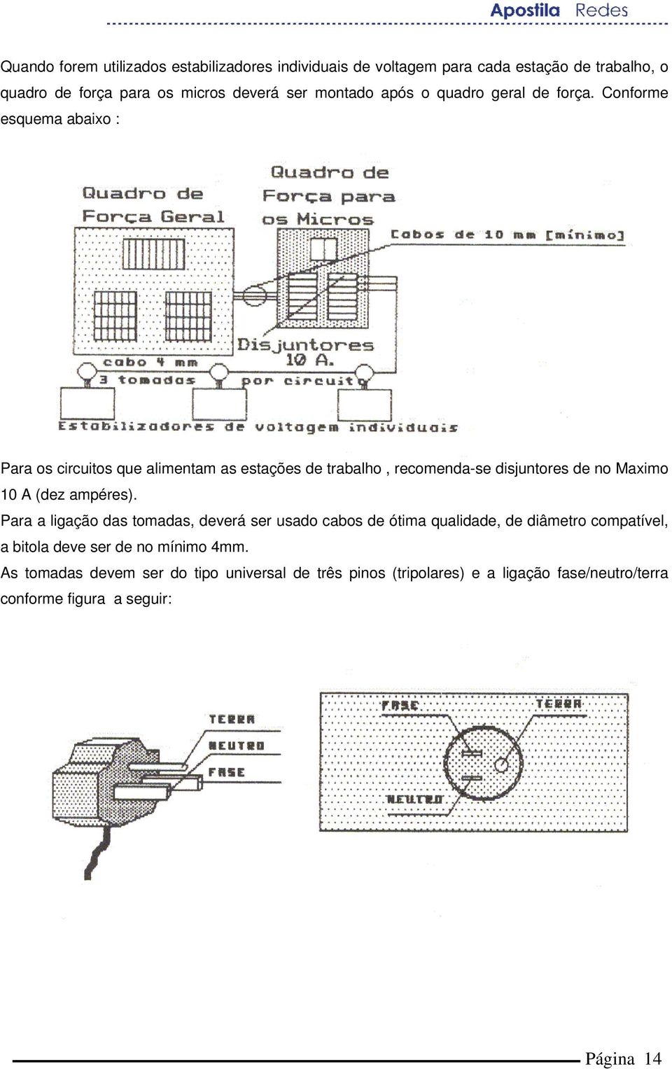Conforme esquema abaixo : Para os circuitos que alimentam as estações de trabalho, recomenda-se disjuntores de no Maximo 10 A (dez ampéres).