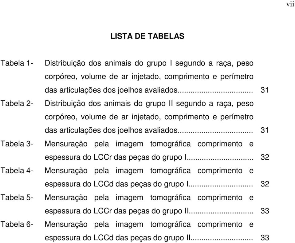 .. 31 Distribuição dos animais do grupo II segundo a raça, peso corpóreo, volume de ar injetado, comprimento e perímetro .