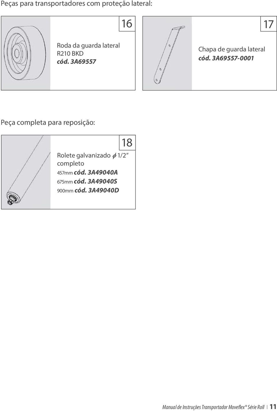 3A69557-0001 Peça completa para reposição: 18 Rolete galvanizado f 1/2 completo