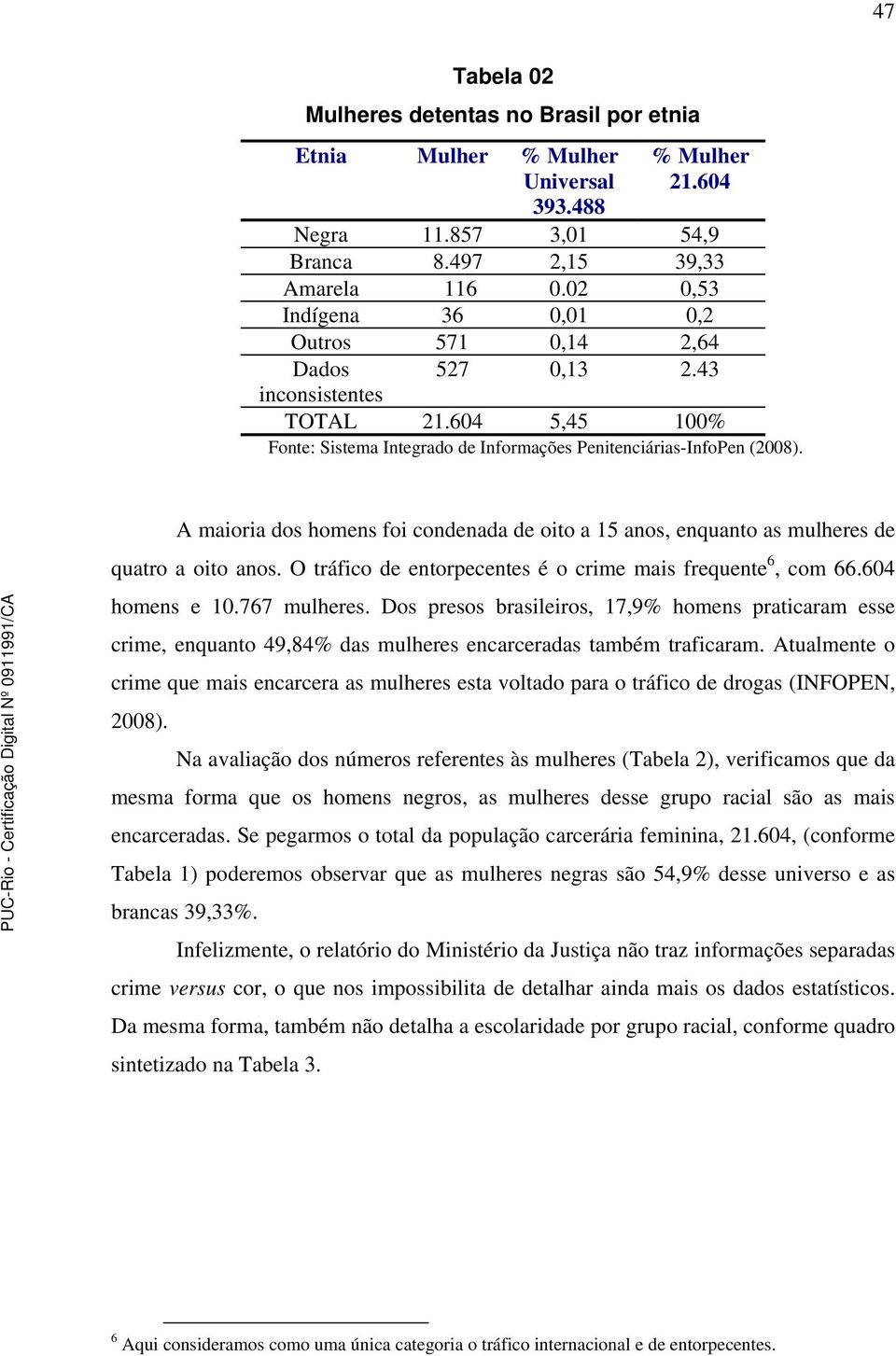 A maioria dos homens foi condenada de oito a 15 anos, enquanto as mulheres de quatro a oito anos. O tráfico de entorpecentes é o crime mais frequente 6, com 66.604 homens e 10.767 mulheres.