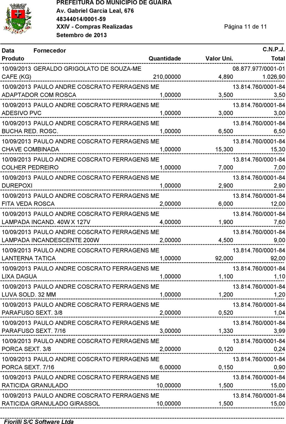 40W X 127V 4,00000 1,900 7,60 LAMPADA INCANDESCENTE 200W 2,00000 4,500 9,00 LANTERNA TATICA 1,00000 92,000 92,00 LIXA DAGUA 1,00000 1,100 1,10 LUVA SOLD. 32 MM 1,00000 1,200 1,20 PARAFUSO SEXT.