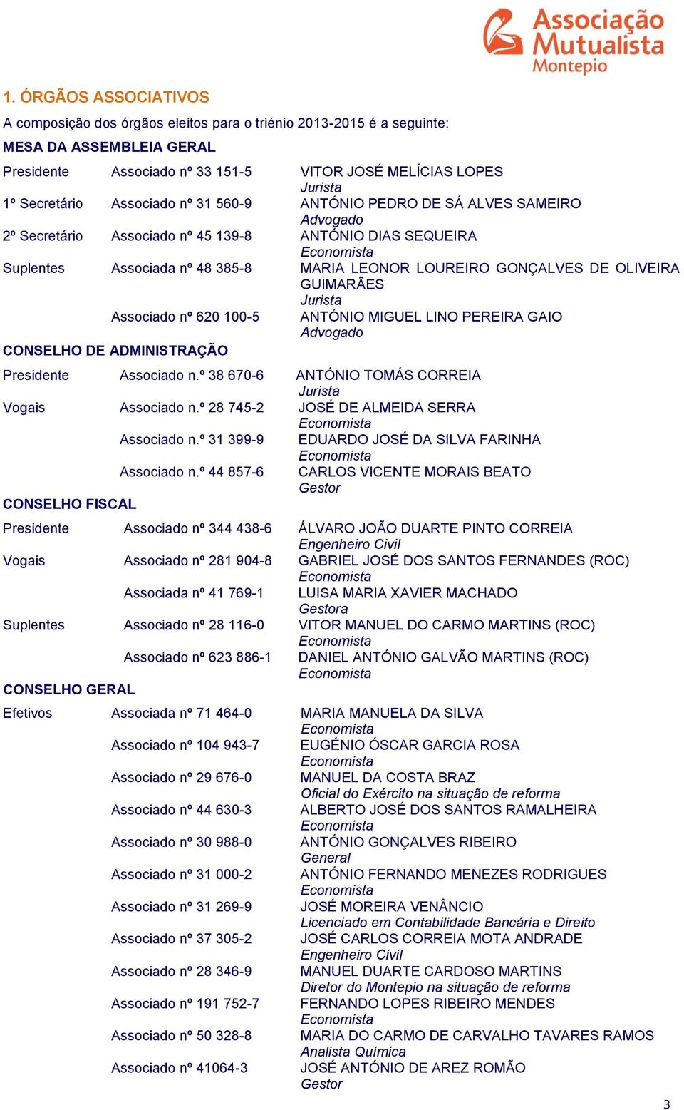 DE OLIVEIRA GUIMARÃES Jurista Associado nº 620 100-5 ANTÓNIO MIGUEL LINO PEREIRA GAIO Advogado CONSELHO DE ADMINISTRAÇÃO Presidente Associado n.